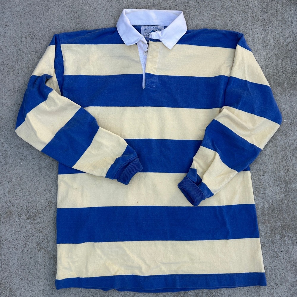 Vintage Lands End Rugby Shirt Large Blue Cream Striped USA 90s Streetwear Polo